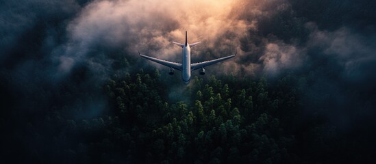 Poster - Aerial view of an airplane flying over lush green forests with dramatic clouds and warm light creating a stunning scenic atmosphere