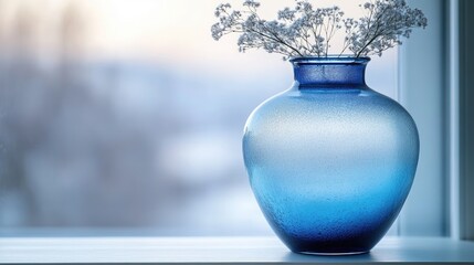 Poster - Blue glass vase with delicate flowers against a softly blurred background showcasing elegance and simplicity in home decor.