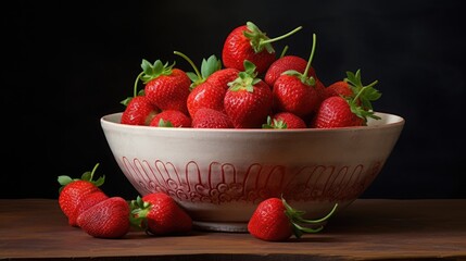 Poster - Fresh strawberries displayed in a decorative ceramic bowl on a rustic wooden table with a dark background.