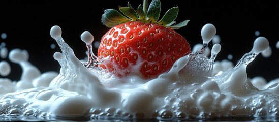 Poster - Strawberry Splashing in Milk Isolated on Black Background Macro Shot Capturing Dynamic Milk Drops and Fresh Fruit Create Visual Impact