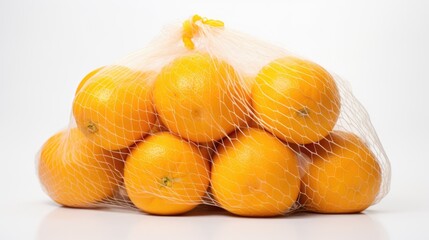 Poster - Packed fresh sweet oranges in yellow netting on a clean white background with ample blank space for promotional use and advertising.