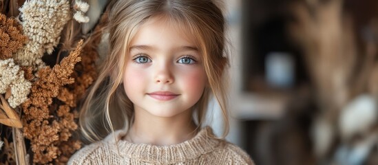 Poster - Charming young girl with captivating blue eyes posing beside rustic wooden decor in a cozy indoor setting.