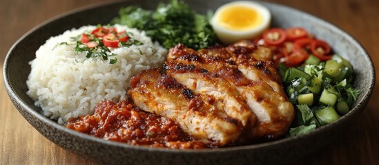 Poster - Delicious Nasi Kukus with grilled chicken, fragrant rice, and fresh vegetables served on an elegant plate