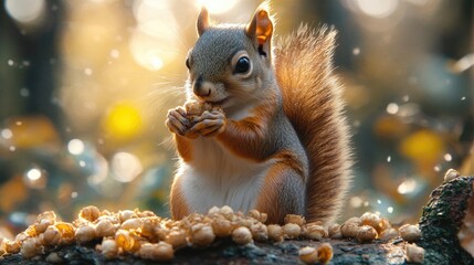 Poster - Squirrel happily munching on food atop a log in a serene natural setting surrounded by soft bokeh and warm sunlight.