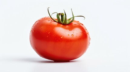 Aufkleber - Fresh red tomato with dew drops on a white background highlighting its texture and vibrant color for culinary or health related content.