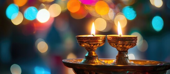 Aufkleber - Decorative candles illuminated on a tray with vibrant bokeh lights creating a warm and inviting atmosphere during a festive celebration