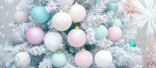 Poster - White Christmas tree decorated with pastel ornaments showcasing a festive holiday spirit against a softly blurred background