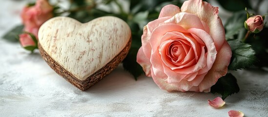 Poster - Valentine's Day composition with a heart, pink rose, and decorative elements on a soft white background