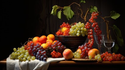 Aufkleber - Vibrant still life composition of assorted fruits showcasing rich colors and textures in a dark interior setting