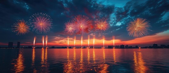 Poster - Colorful fireworks display over calm water at twilight with sky reflections and dramatic clouds creating a festive atmosphere.