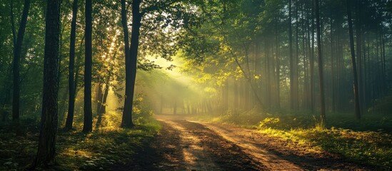 Poster - Serene forest path illuminated by golden sunlight filtering through lush green trees creating a tranquil natural atmosphere