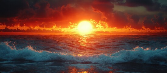 Aufkleber - Vibrant sunset over the ocean with dramatic clouds and gentle waves reflecting warm colors on the water's surface.