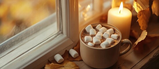 Poster - Cozy autumn scene with hot chocolate marshmallows and candle on window sill creating a relaxing atmosphere with fall leaves and warm light