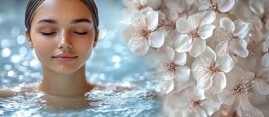 Poster - Relaxing spa collage featuring serene woman in water and delicate floral elements for wellness and tranquility themes.