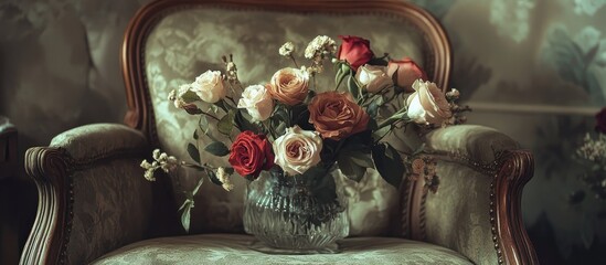 Poster - Elegant still life of gipsofila and assorted rose flowers in a vintage glass vase atop a classic armchair in a charming interior setting