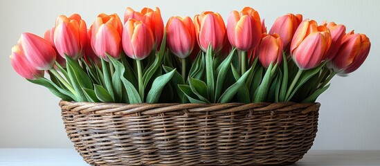 Aufkleber - Tulips arranged in a wicker basket showcasing vibrant blooms against a clean white backdrop ideal for springtime decor and floral designs
