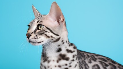 Poster - Spotted domestic cat portrait against a light blue backdrop showcasing its unique coat and expressive features.