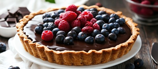 Aufkleber - Chocolate tart topped with fresh raspberries and blueberries on a wooden table surrounded by chocolate squares and berries in bowls