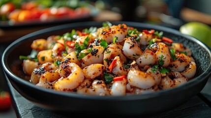 Poster - Spicy Thai Shrimp Salad with Fresh Herbs and Chili Peppers on a Rustic Table Setting