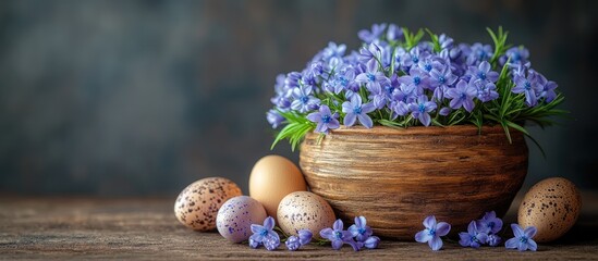 Poster - Spring floral arrangement with bluebells and decorative eggs in a rustic basket on a wooden table creating a festive holiday atmosphere