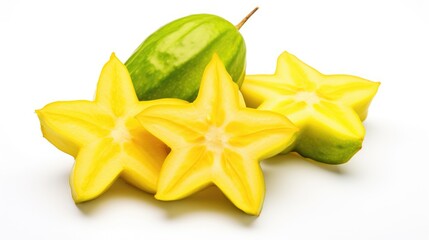 Aufkleber - Star fruit slices and whole fruit on a clean white background showcasing vibrant yellow and green colors perfect for culinary uses