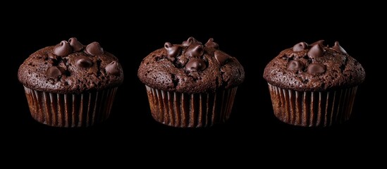 Aufkleber - Close up of three decadent chocolate muffins with chocolate chips on a black background, highlighting their rich texture and details