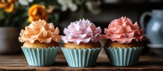 Aufkleber - Colorful floral cupcake wrappers with decorative icing tops on moist cupcakes presented on a rustic wooden table in an inviting setting.