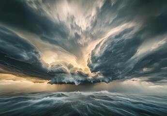 Poster - Dramatic Sky Over Ocean Waves with Tumultuous Clouds and Shimmering Light Reflections in the Distance, Creating a Stunning Weather Scene