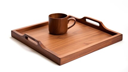 Aufkleber - Wooden serving tray with handles and cup on a white background showcasing elegant design and functionality for home decor and dining.