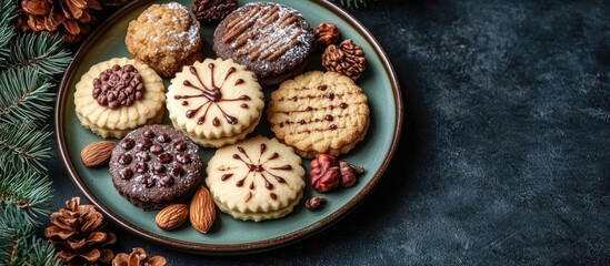 Aufkleber - Traditional holiday cookies displayed on a green plate surrounded by nuts and pine cones against a rustic dark backdrop flat lay view