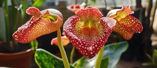Aufkleber - Vibrant and unique tropical flower showcasing intricate patterns and colors in a natural garden setting