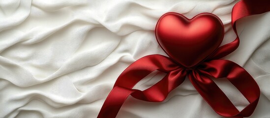 Poster - Romantic Valentine greeting card design with red heart and ribbon on elegant white fabric background perfect for love-themed messages