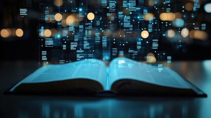 Aufkleber - Open Book with Digital Data Overlay Representing Knowledge, Information, and Technology in a Modern, Creative Setting