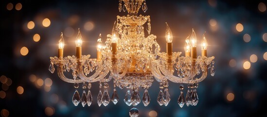 Poster - elegant crystal chandelier with warm glow illuminating a luxurious setting against a bokeh background