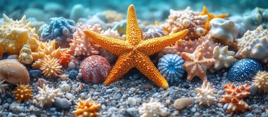 Poster - Colorful seashells and a vibrant starfish on sandy ocean floor creating a serene and captivating underwater summer beach scene.