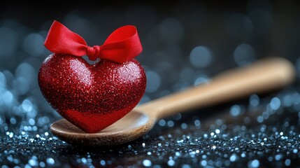 Poster - Red glitter heart shape and wooden spoon with red ribbon on sparkling silver background in love and romance theme decoration