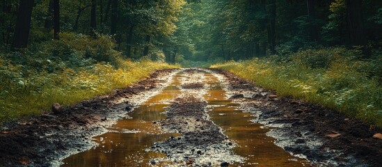 Poster - Muddy forest path with tire tracks surrounded by lush greenery and soft sunlight creating a tranquil outdoor atmosphere