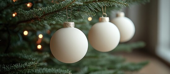Poster - Three elegant white ornaments hanging from a Christmas tree adorned with warm lights creating a festive atmosphere at home