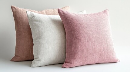 Poster - Soft pastel pillows arranged elegantly on a minimalistic white background creating a cozy and inviting atmosphere for home decor.