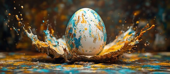 Aufkleber - Turquoise and yellow paint splashes around a white egg creating an artistic composition with vibrant colors and dynamic movement