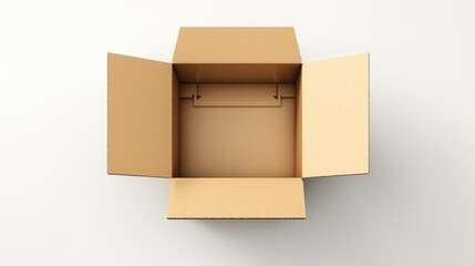 Poster - Opened empty cardboard box on white background ideal for packaging, shipping, or storage concepts with a minimalist aesthetic.
