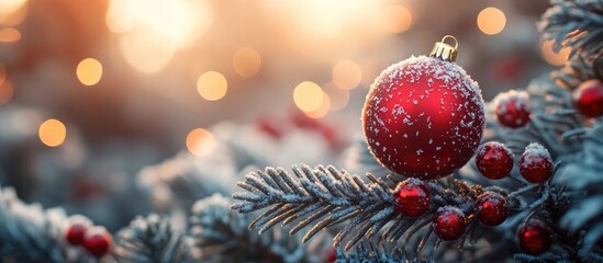 Poster - Festively decorated artificial Christmas tree with a vibrant red ornament and beaded accents against a softly blurred holiday background