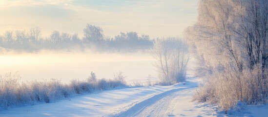 Poster - Winter scenic landscape with snow-covered path and frosted trees perfect for customizable greeting card background design