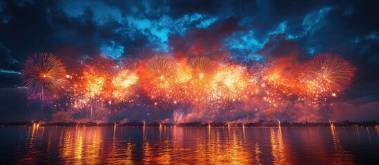 Poster - Spectacular fireworks display over calm water during vibrant festival night with colorful bursts illuminating the sky and reflections on the surface