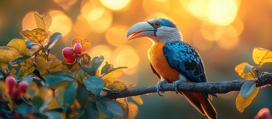 Poster - Southern Yellow-billed Hornbill perched on a branch with vibrant foliage and soft golden sunlight creating a beautiful bokeh background