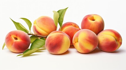Poster - Fresh ripe peaches with vibrant colors arranged beautifully on a white background with green leaves accentuating their natural appeal.