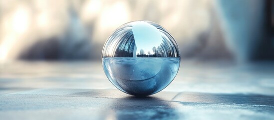 Poster - retro metallic sphere with reflective surface showcasing depth and elegance in a serene contemporary