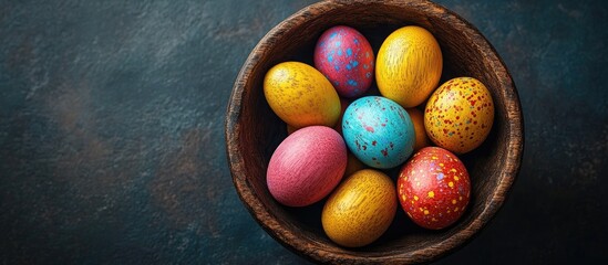 Poster - Colorful wooden Easter eggs in a rustic bowl captured from above on a textured dark background celebrating spring festivities.