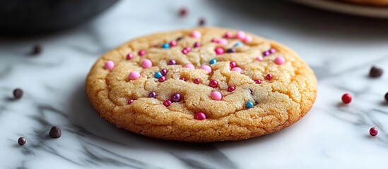 Poster - Colorful sugar cookie with sprinkles on marble surface showcasing a delightful dessert treat for special occasions or festive celebrations