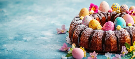Aufkleber - Easter celebration cake decorated with colorful eggs and spring flowers set against a blue background creating a festive atmosphere
